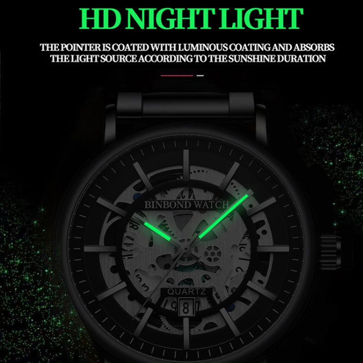 BINBOND B7872 Multifunctional Hollow Luminous Water-resistant Quartz Watch, Color: Black Steel-Black-White