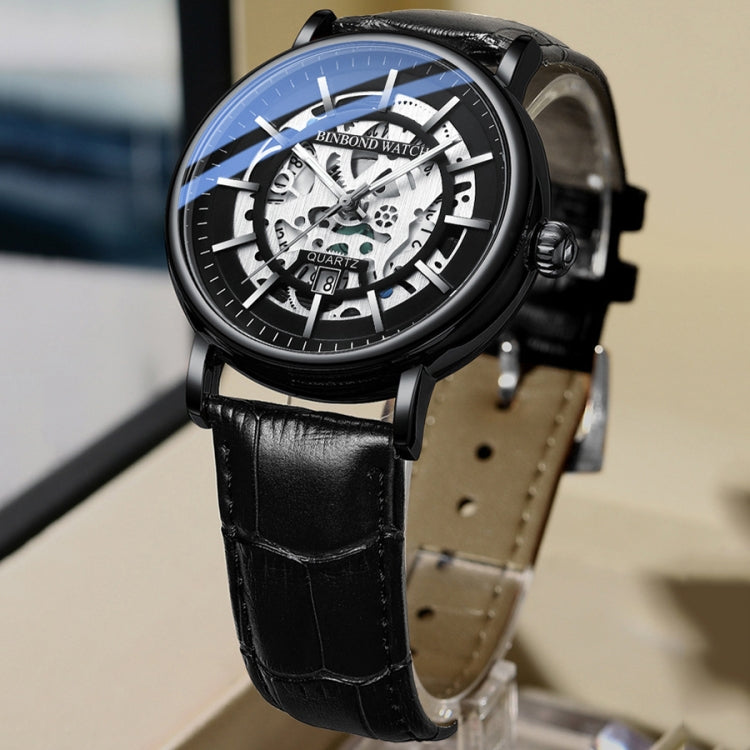 BINBOND B7872 Multifunctional Hollow Luminous Water-resistant Quartz Watch, Color: Black Steel-Black-White