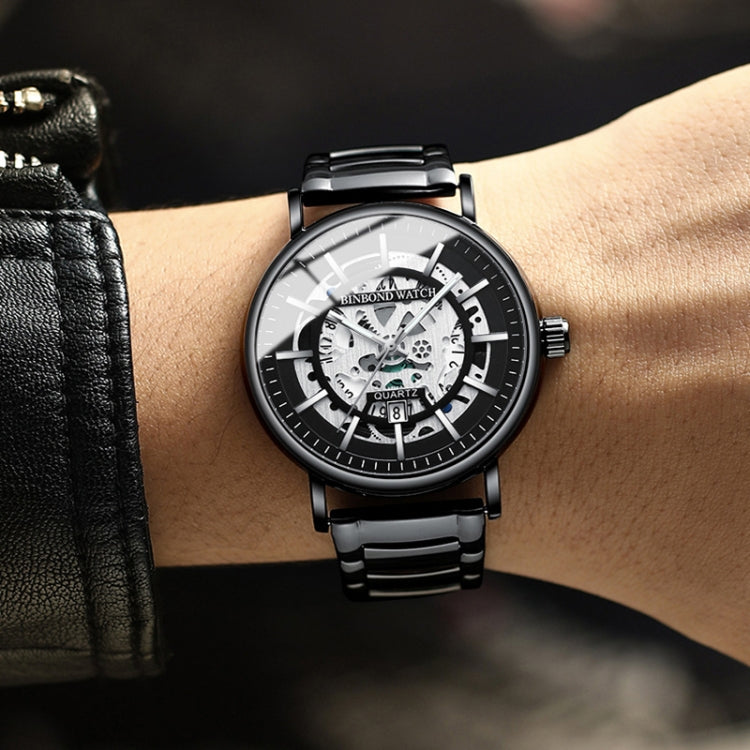 BINBOND B7872 Multifunctional Hollow Luminous Water-resistant Quartz Watch, Color: Black Steel-Black-White