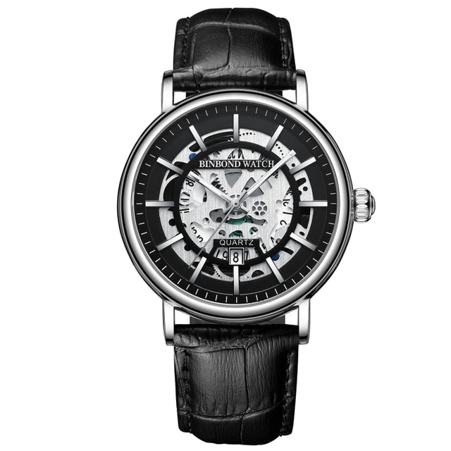 BINBOND B7872 Multifunctional Hollow Luminous Water-resistant Quartz Watch, Color: Black Leather-White-Black
