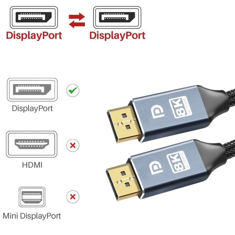 5m 1.4 Version DP Cable Gold-Plated Interface 8K High-Definition Display Computer Cable 30AWG OD:6.3MM With Nylon Mesh(Silver)