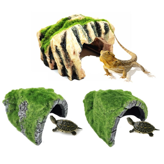 FGT48 Flocked Caple Box Turtle Hiding Nest Moss Cave Turtle Cave Sunbed
