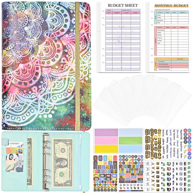 A6 Mandala Binder Financial Plan Notebook PU Leather Cash Budget Book(Vitality Green)