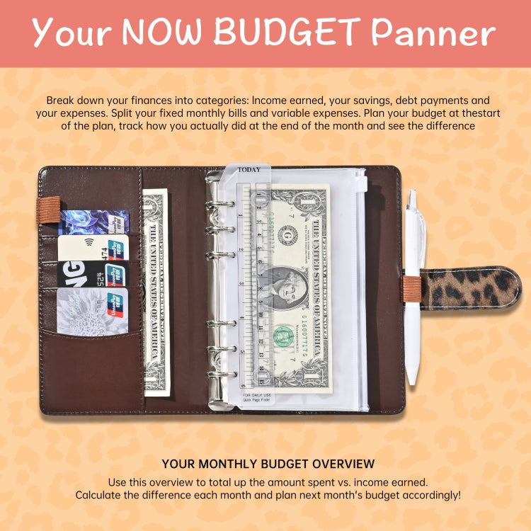 A6 Leopard Print Cash Budget Notebook  Loose Leaf Financial Management Notepad(Beige Brown)