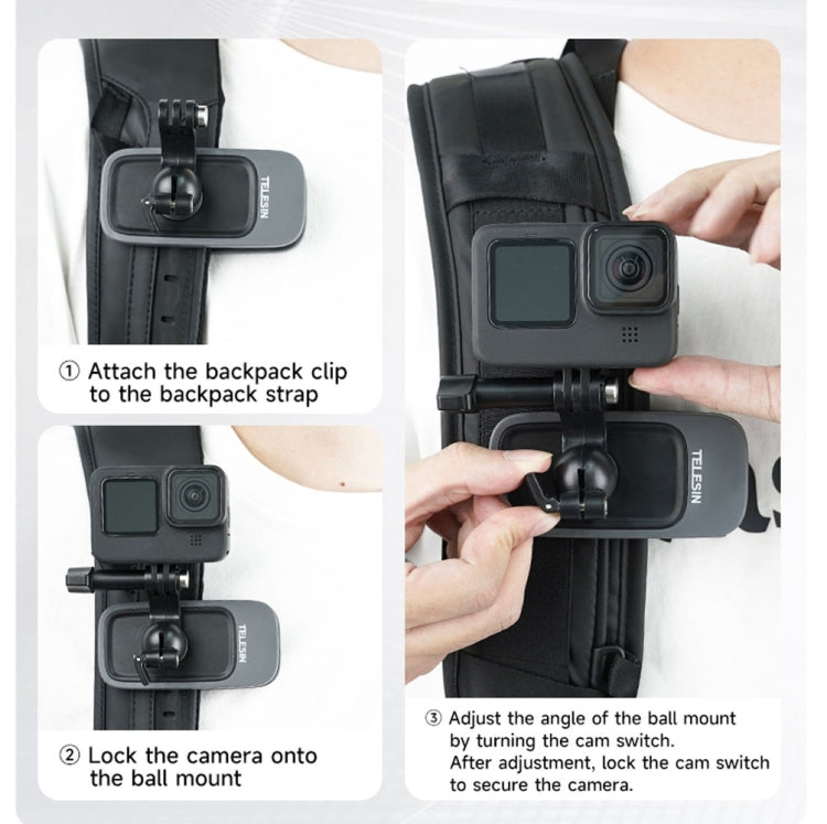 TELESIN 360 Degree Rotation Magnetic Backpack Clip Clamp Mount For Action Camera