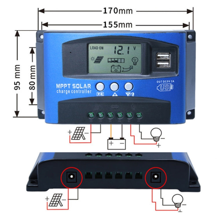 YCX-003 30-100A Solar Charging Controller with LED Screen & Dual USB Port Smart MPPT Charger, Model: 12/24V 100A