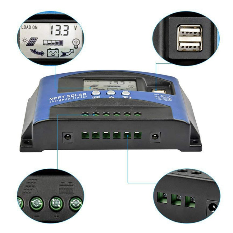 YCX-003 30-100A Solar Charging Controller with LED Screen & Dual USB Port Smart MPPT Charger, Model: 12/24V 40A
