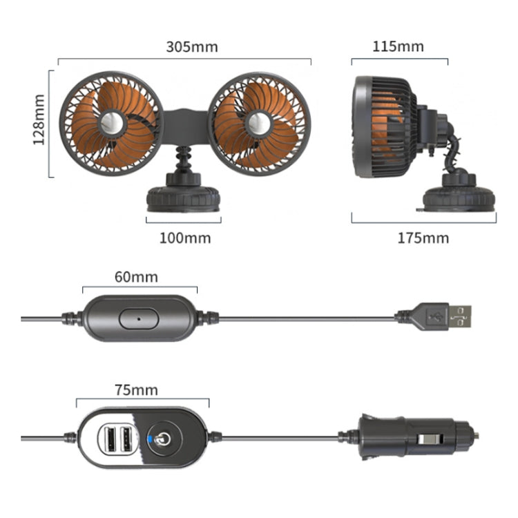 F6026 Large Suction Cup Vehicle-Mounted Double-Head Fan, Model: USB