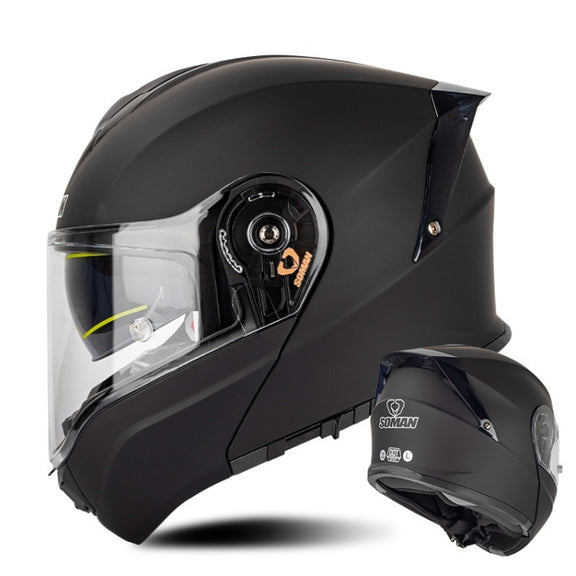 SOMAN Racing Motorcycle Double Lens Riding Safety Helmet, Size: M(Matt Black)