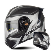 SOMAN Racing Motorcycle Double Lens Riding Safety Helmet, Size: XXL(Silver Gray Black Vision)