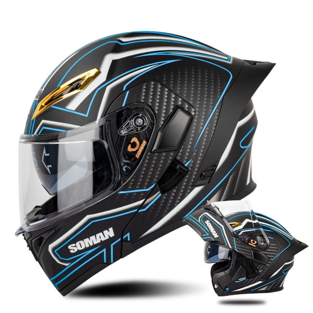 SOMAN Motorcycle Dual Lens Riding Peel-Off Full Coverage Helmet, Size: S(Matt Black Blue)