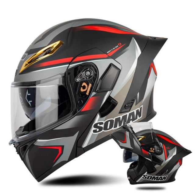 SOMAN Motorcycle Dual Lens Riding Peel-Off Full Coverage Helmet, Size: S(Red Gray Vision)