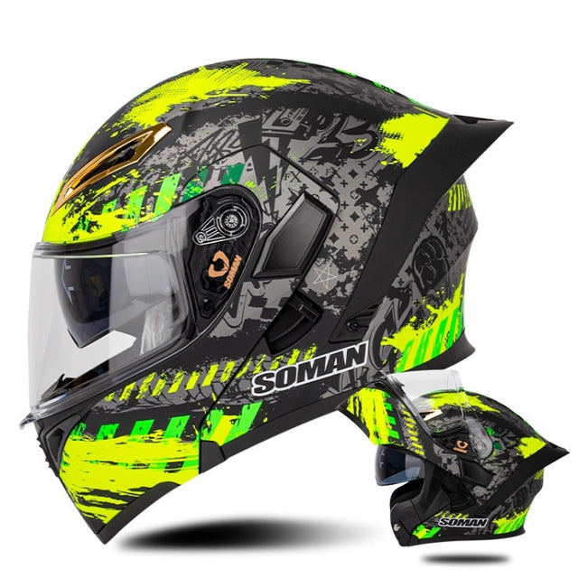 SOMAN Motorcycle Dual Lens Riding Peel-Off Full Coverage Helmet, Size: S(Black Fluorescent Yellow Spark)