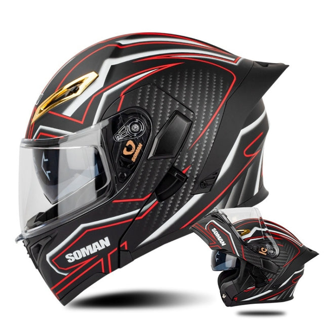 SOMAN Motorcycle Dual Lens Riding Peel-Off Full Coverage Helmet, Size: XXL(Matt Black Red)