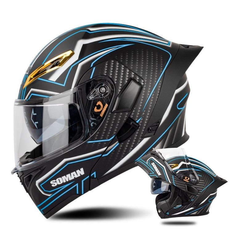 SOMAN Motorcycle Dual Lens Riding Peel-Off Full Coverage Helmet, Size: XXL(Matt Black Blue)