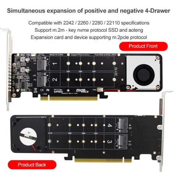PCI-E X16 to M.2 M-key NVME X4 SSD RAID Array Expansion Adapter Support 2242/2260/2280/22110(PH44Plus)