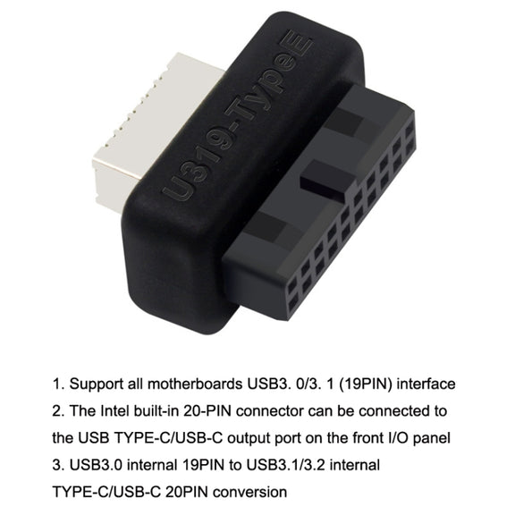 2pcs Mainboard USB3 19P/20P to TYPE-E Adapter Chassis Front TYPE-C/USB-C Plug Port(Black)