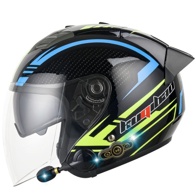 KUQIBAO Motorcycle Smart Bluetooth Sun Protection Double Lens Safety Helmet, Size: M(Bright Black Phantom Fiber+Black Tail)