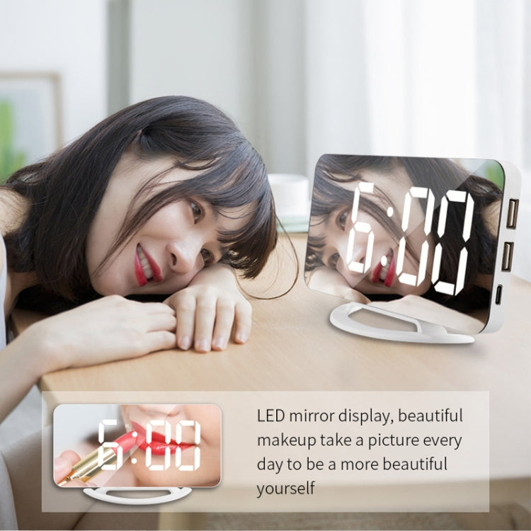 TS-8201 LED Digital Mirror Alarm Clock Big Screen Dual USB Desktop Table Clock, Color: Black Shell White Light