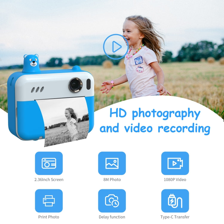 IPS 2.36 inch LED HD Display 1080P Childrens Camera Thermal Printing Instant Camera(Sky Blue)