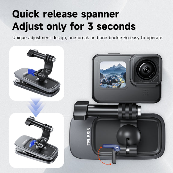 TELESIN 360 Degree Rotation Backpack Clip Clamp Mount For Action Camera