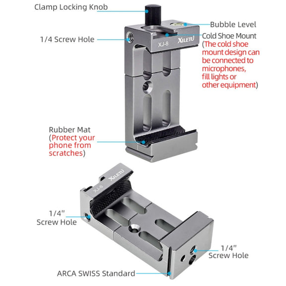 XILETU XJ-8 Aluminum Alloy Camera Head Tripod Mobile Phone Clip(Titanium)