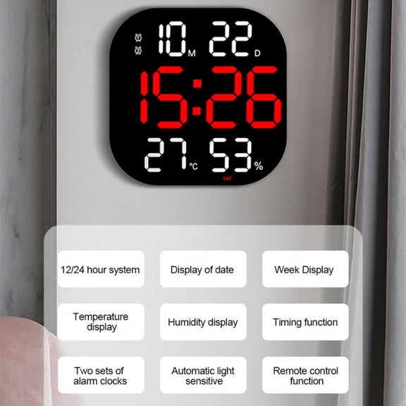 13-Inch LED Acrylic Electronic Clock Large-Screen Square Wall Clock With Timing Temperature Humidity(6632 White Light)