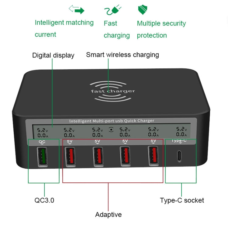 818F 5 USB Ports + Type-C Multifunctional Multi-Port Wireless Charger, Style: EU Plug (Black)