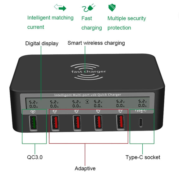 818F 5 USB Ports + Type-C Multifunctional Multi-Port Wireless Charger, Style: US Plug (White)