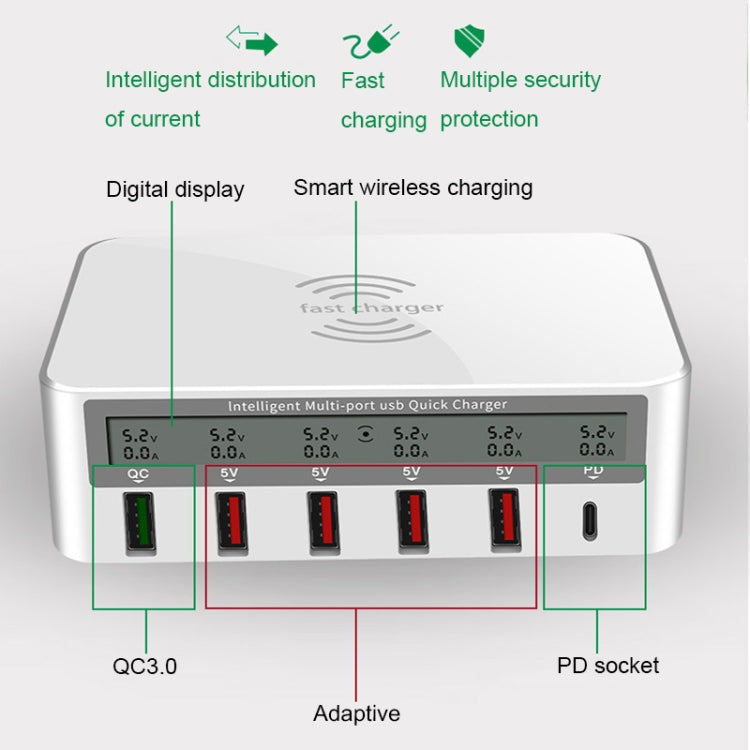 818PF 5 USB Ports + Type-C Smart Digital Display Wireless Phone Charger, Style: US Plug (White)