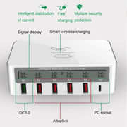 818PF 5 USB Ports + Type-C Smart Digital Display Wireless Phone Charger, Style: EU Plug (White)
