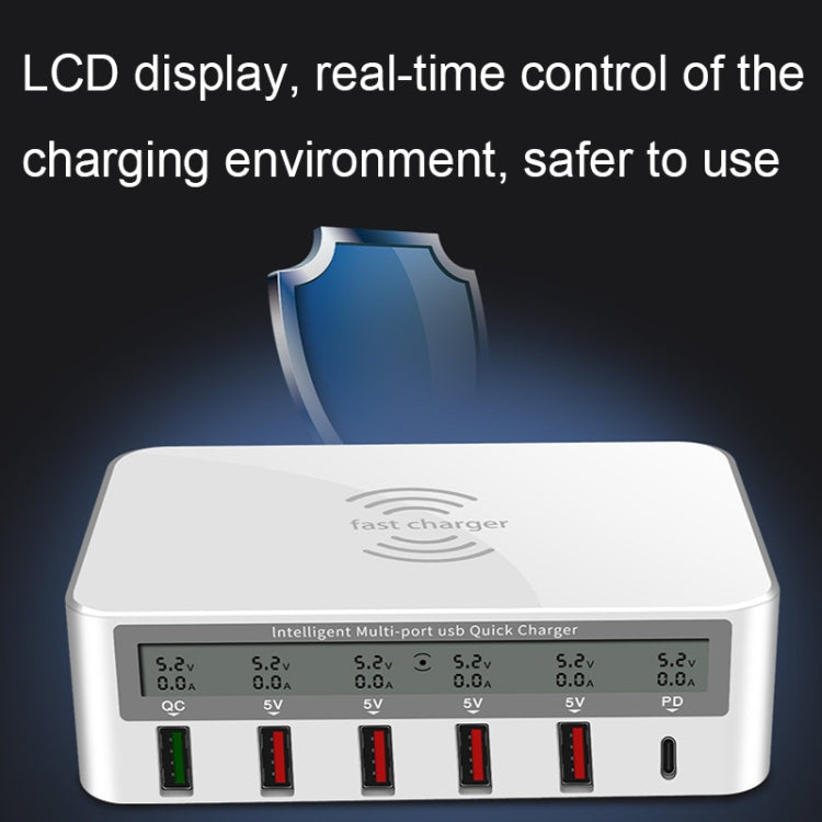 818PF 5 USB Ports + Type-C Smart Digital Display Wireless Phone Charger, Style: US Plug (White)