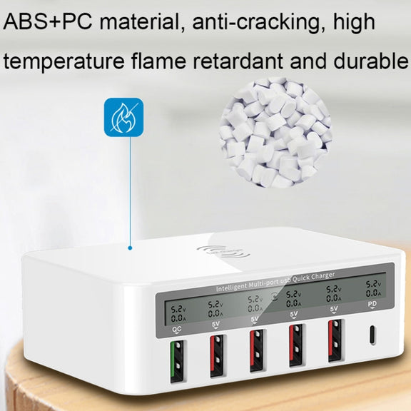 818PF 5 USB Ports + Type-C Smart Digital Display Wireless Phone Charger, Style: US Plug (White)
