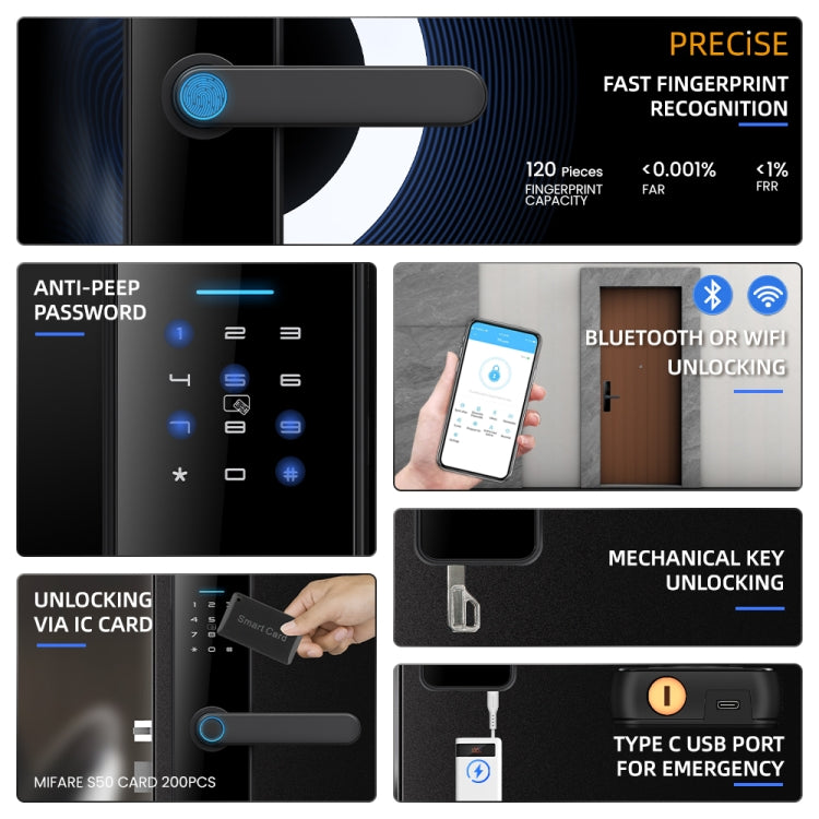 C91 Tuya Smart WiFi Password Fingerprint Electronic Door Lock(Black)