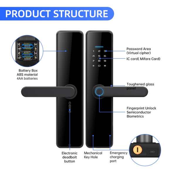 C91 Tuya Smart WiFi Password Fingerprint Electronic Door Lock(Black)