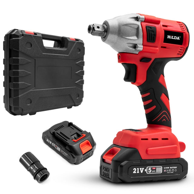 HILDA Motorized Wrenches Lithium Repair Parts With 22mm Socket, EU Plug, Model: Red With 2 Battery+1 Charger(1500mAh)