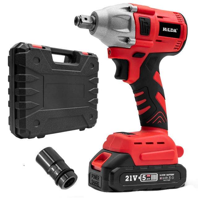HILDA Motorized Wrenches Lithium Repair Parts With 22mm Socket, US Plug, Model: Red With 1 Battery+1 Charger(1500mAh)