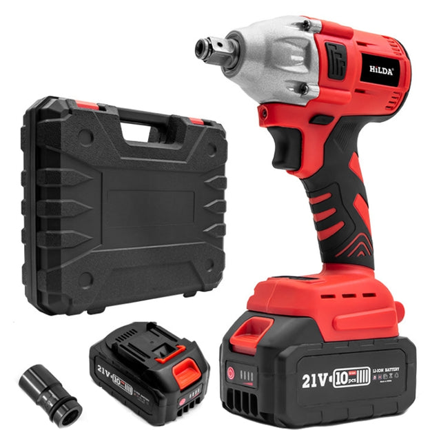 HILDA Motorized Wrenches Lithium Repair Parts With 22mm Socket, US Plug, Model: Red With 2 Battery+1 Charger(3000mAh)