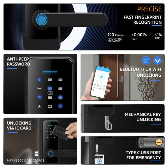 C89 Smart Fingerprint Password Lock Home Indoor Door TUYA System Lock(Silver)
