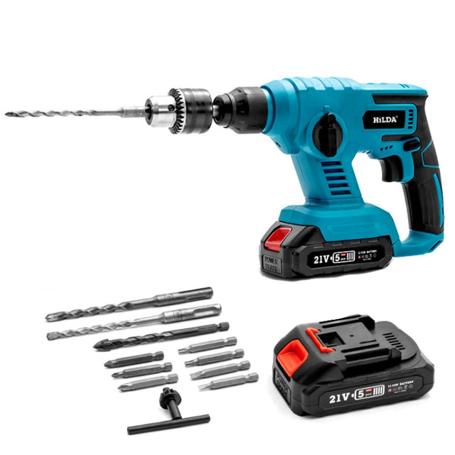 HILDA 12pcs /Set Li-Ion Power Hammer Electrical Impact Drill, Model: 1 Battery+1 Charger EU Plug