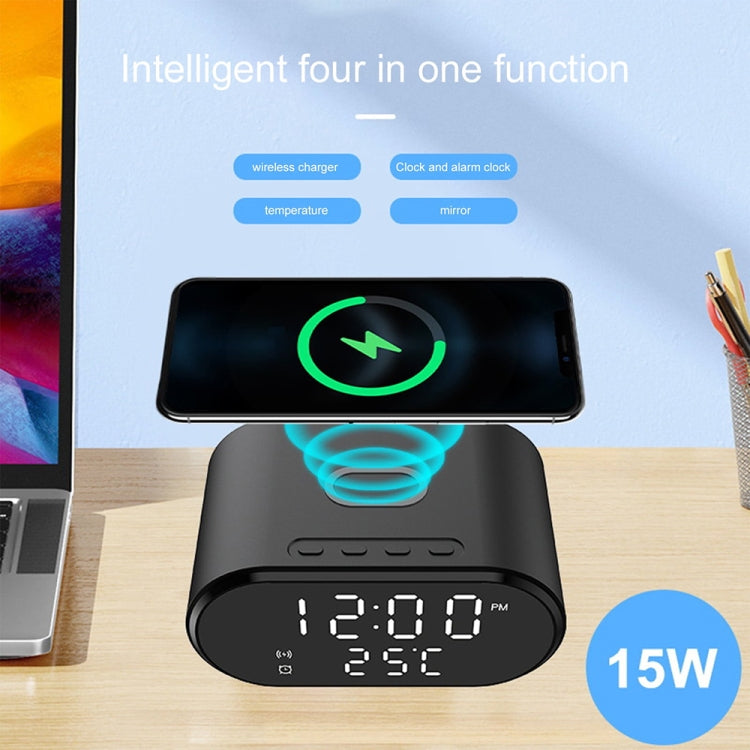 15W LED Mirror Wireless Charger Desktop Multifunctional Mini Clock(White)