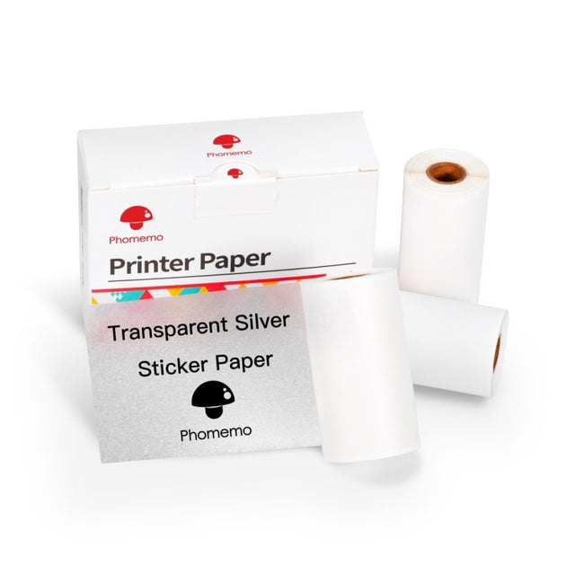For Phomemo M02 / M02S / M02Pro 3rolls /Pack 50mm Anti-Dry Glue Thermal Labels(White Glitter Full Transparent Black Letter)