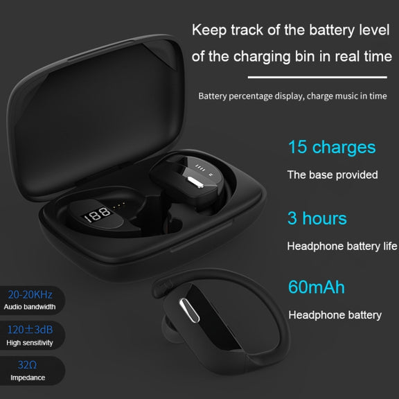 TWS Ear-mounted Noise Reduction LED Dual-battery Display Bluetooth Earphones(T17 Black)