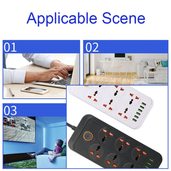 A07 2m 3000W 6 Plugs + 6-USB Ports Multifunctional Flame-retardant Socket with Switch(UK Plug)