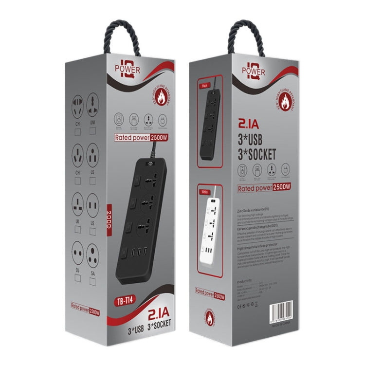 T14 2m 2500W 3 Plugs + 3-USB Ports Multifunctional Socket With Switch, Specification: US Plug (White)