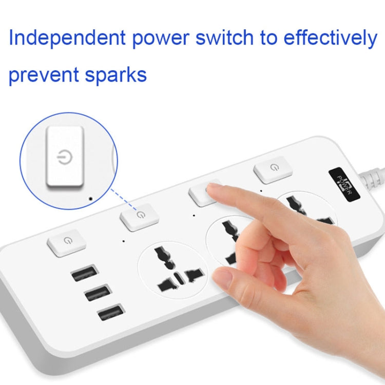 T14 2m 2500W 3 Plugs + 3-USB Ports Multifunctional Socket With Switch, Specification: US Plug (White)