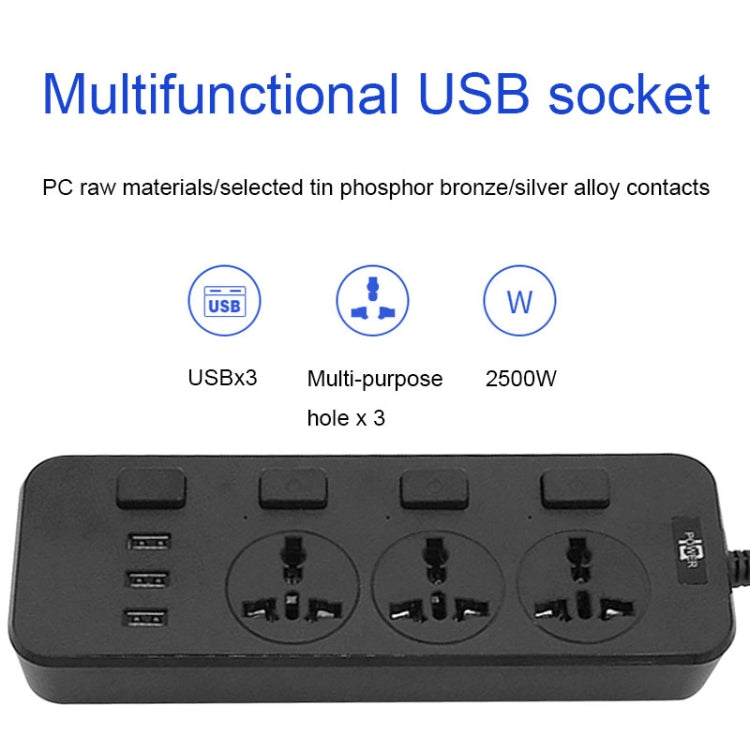 T14 2m 2500W 3 Plugs + 3-USB Ports Multifunctional Socket With Switch, Specification: US Plug (White)