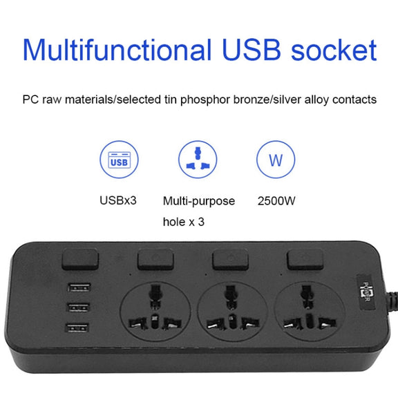 T14 2m 2500W 3 Plugs + 3-USB Ports Multifunctional Socket With Switch, Specification: US Plug (White)