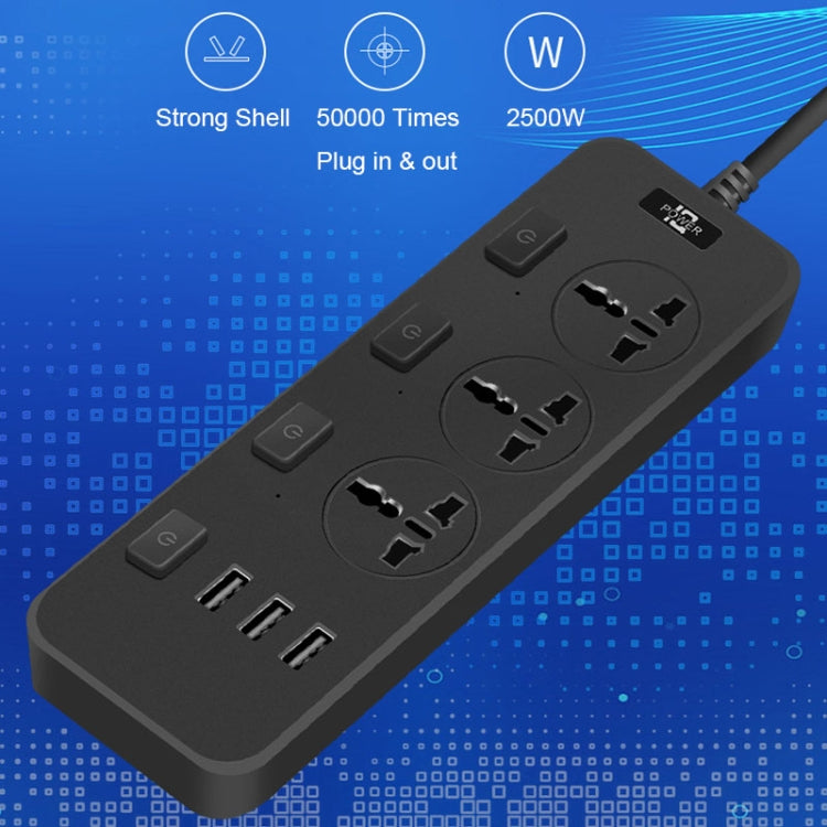 T14 2m 2500W 3 Plugs + 3-USB Ports Multifunctional Socket With Switch, Specification: US Plug (White)