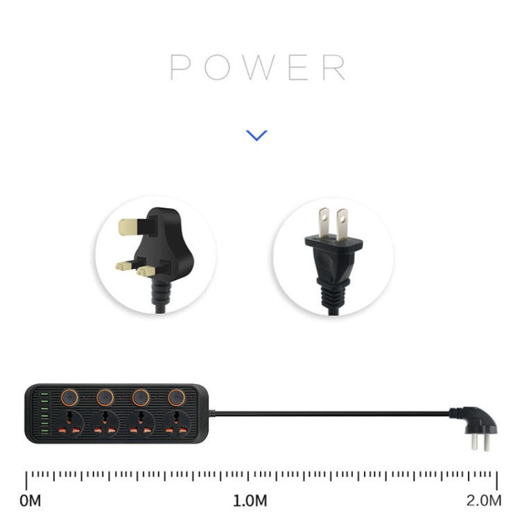 A05 2m 3000W 4 Plugs + 6-USB Ports Multifunctional Flame-Retardant Socket With Switch(UK Plug)